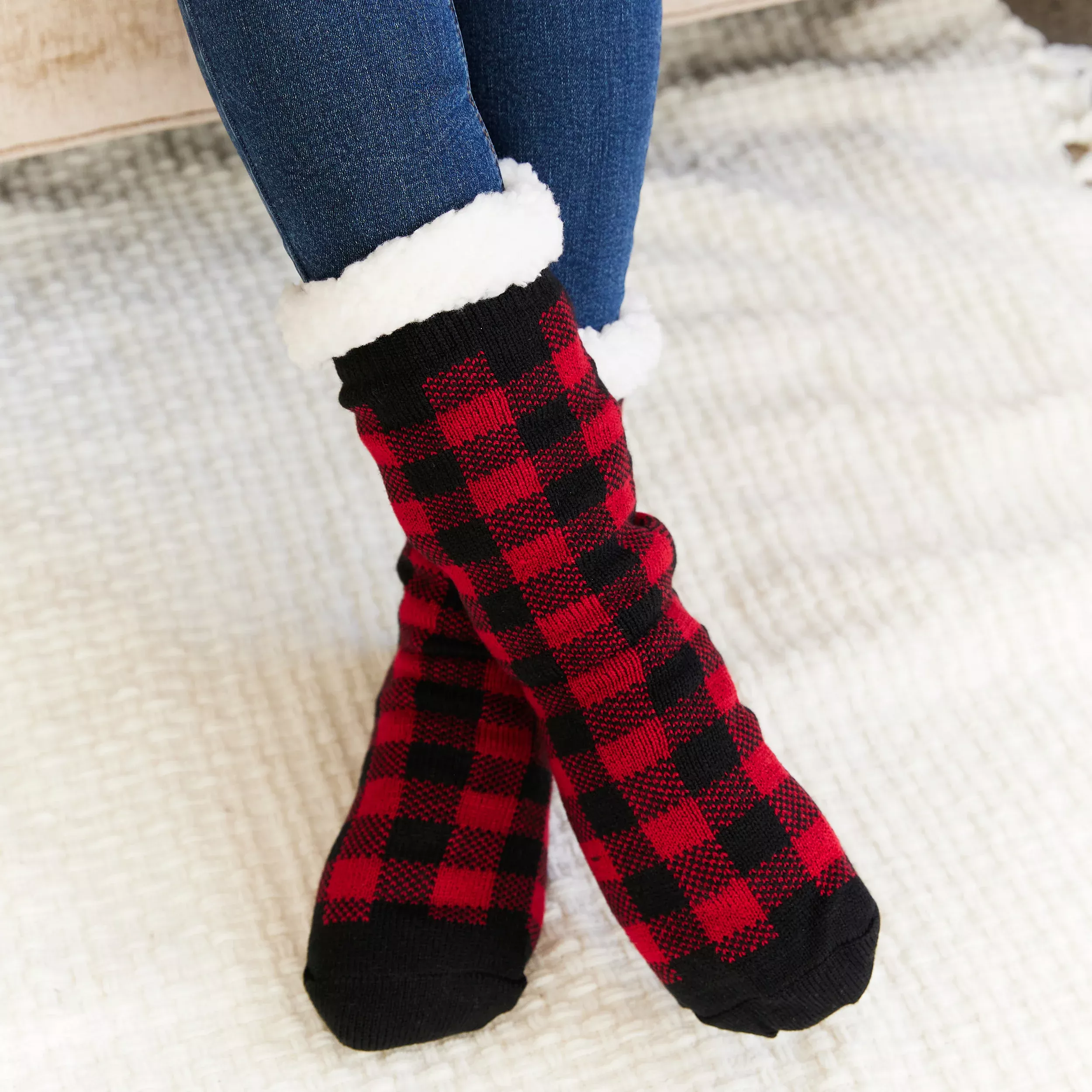 Cozy Sherpa Lined Slipper Socks - Buffalo Plaid