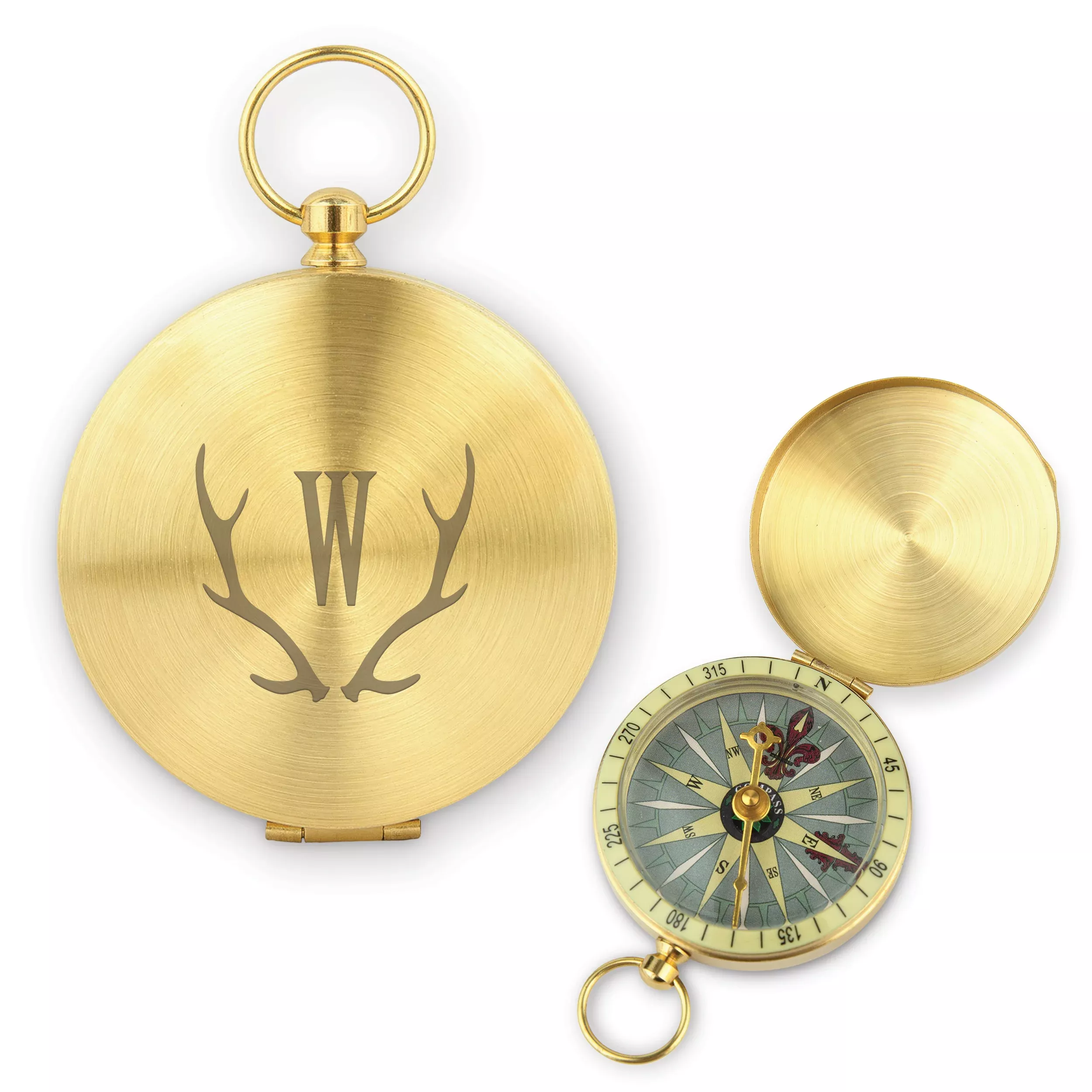 Custom Engraved Gold Metal Compass Gift - Antler Monogram
