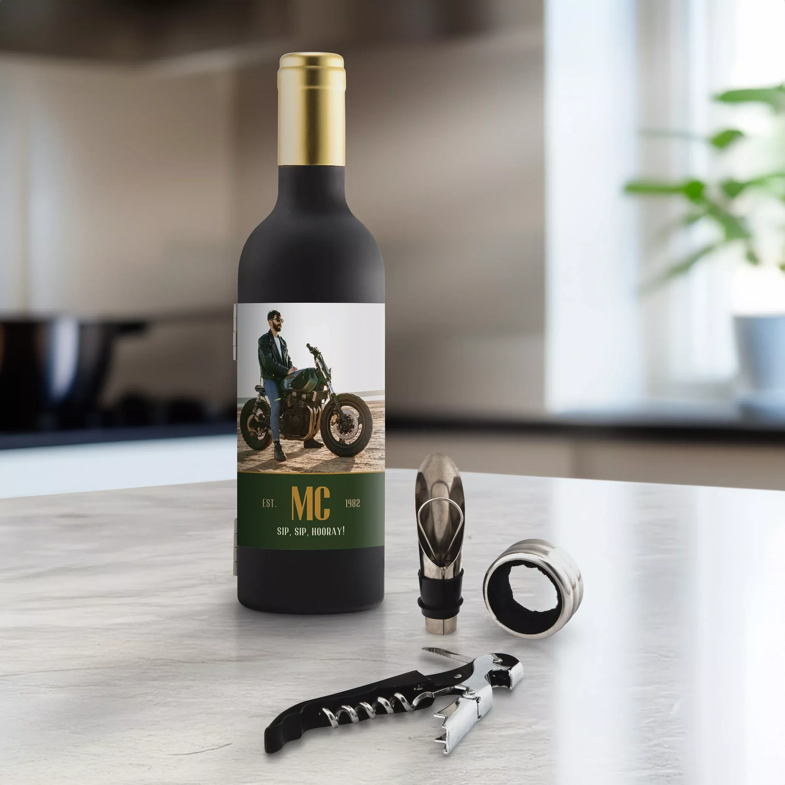 Custom Photo Printed Wine Bottle Shaped Corkscrew Gift Set - Modest Monogram