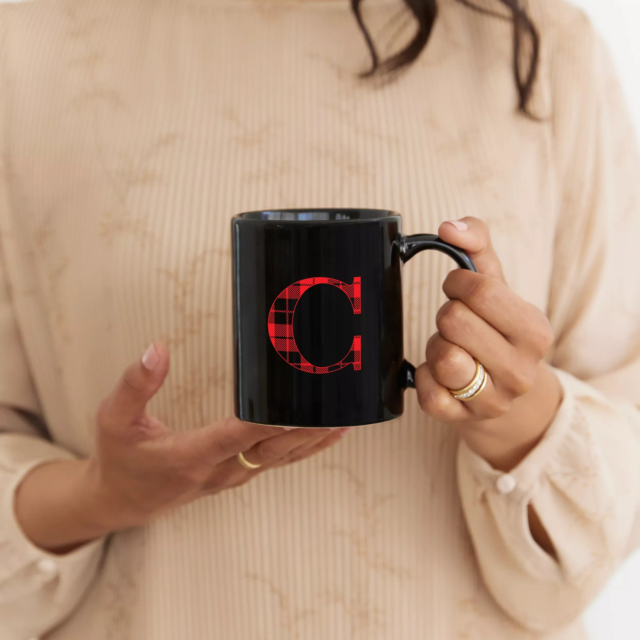 Custom Printed Black 11 oz. Ceramic Coffee Mug - Buffalo Plaid Initial