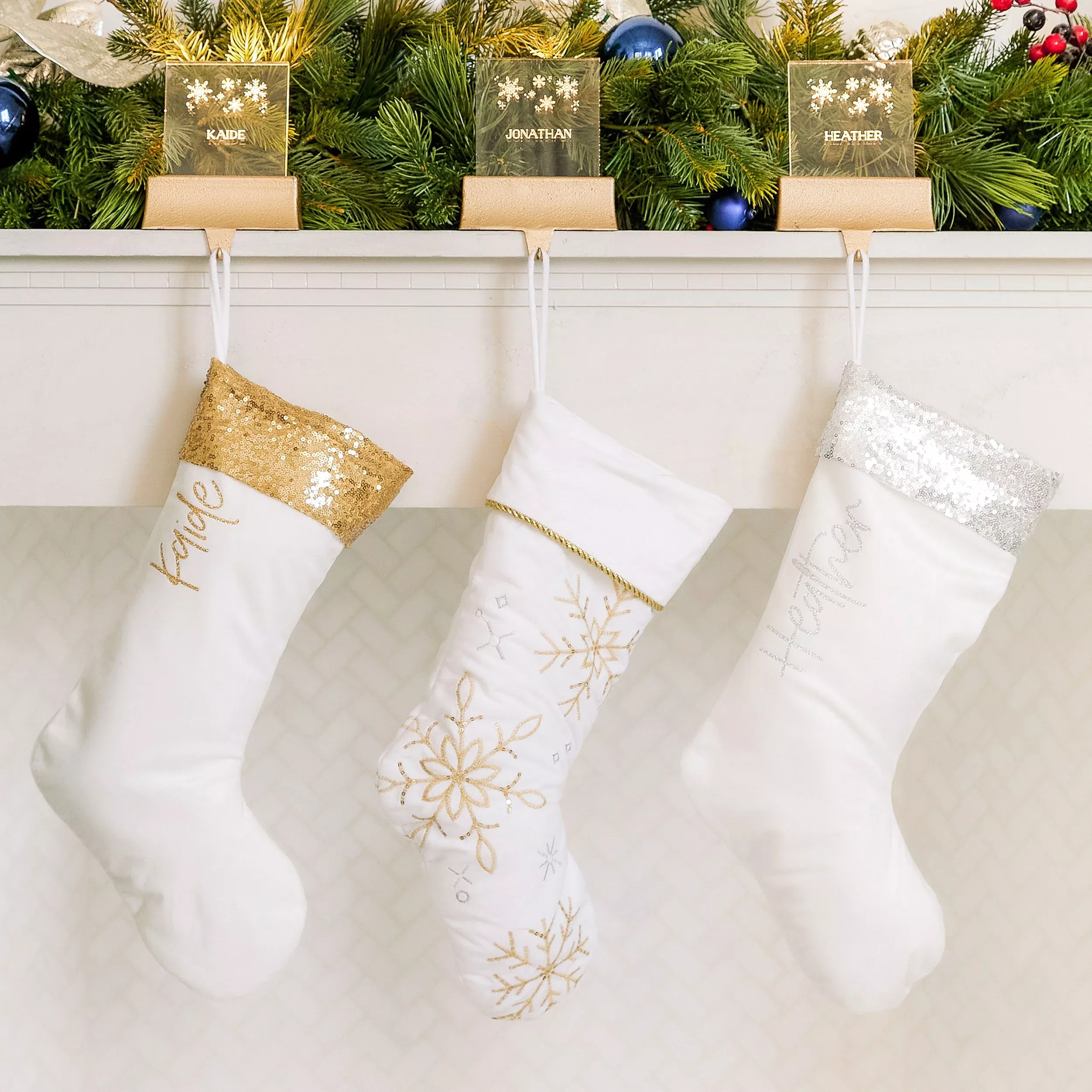 Custom Printed Plush Sequined Cuff Christmas Stocking - Vertical Script Font