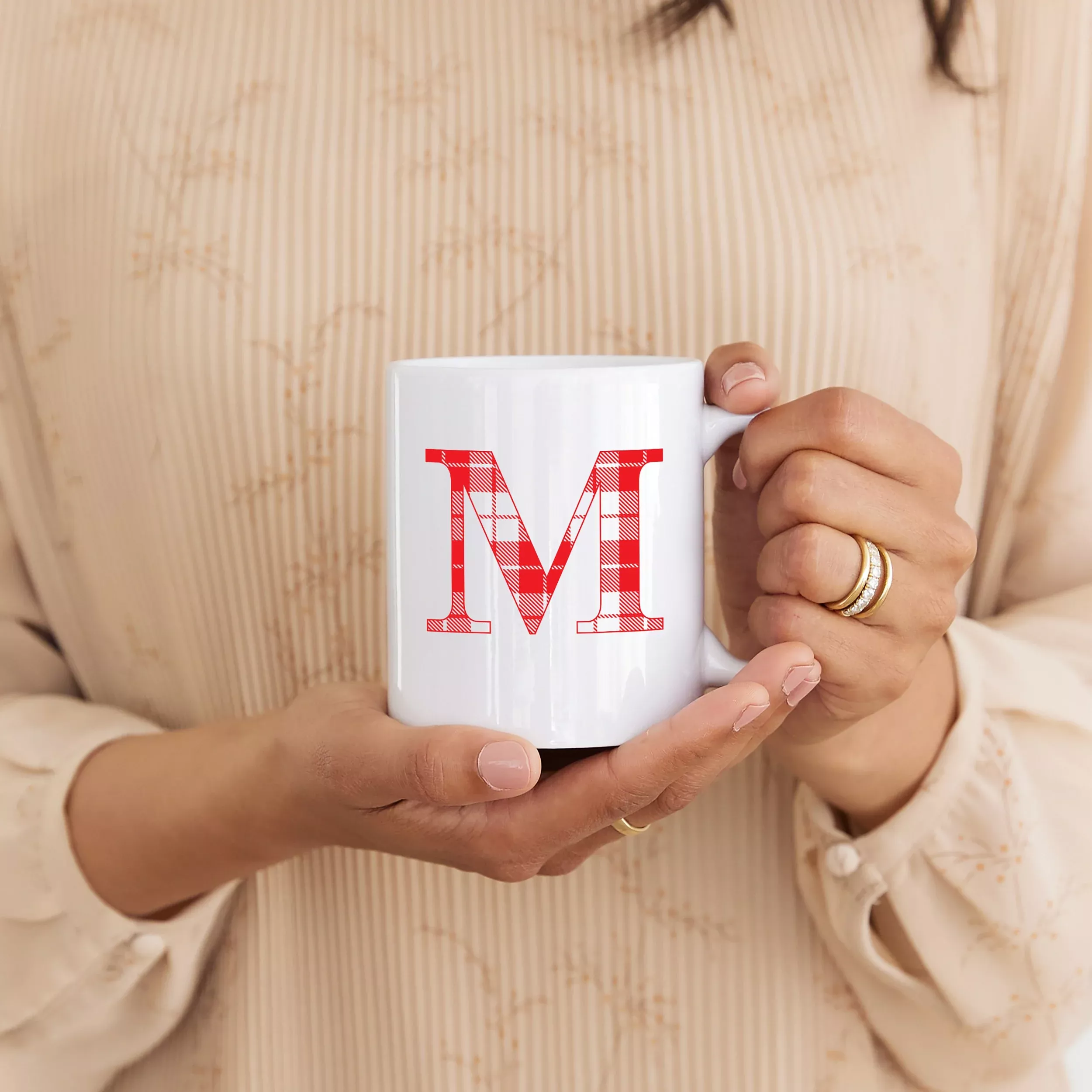 Custom Printed White 11 oz. Ceramic Coffee Mug - Buffalo Plaid Initial