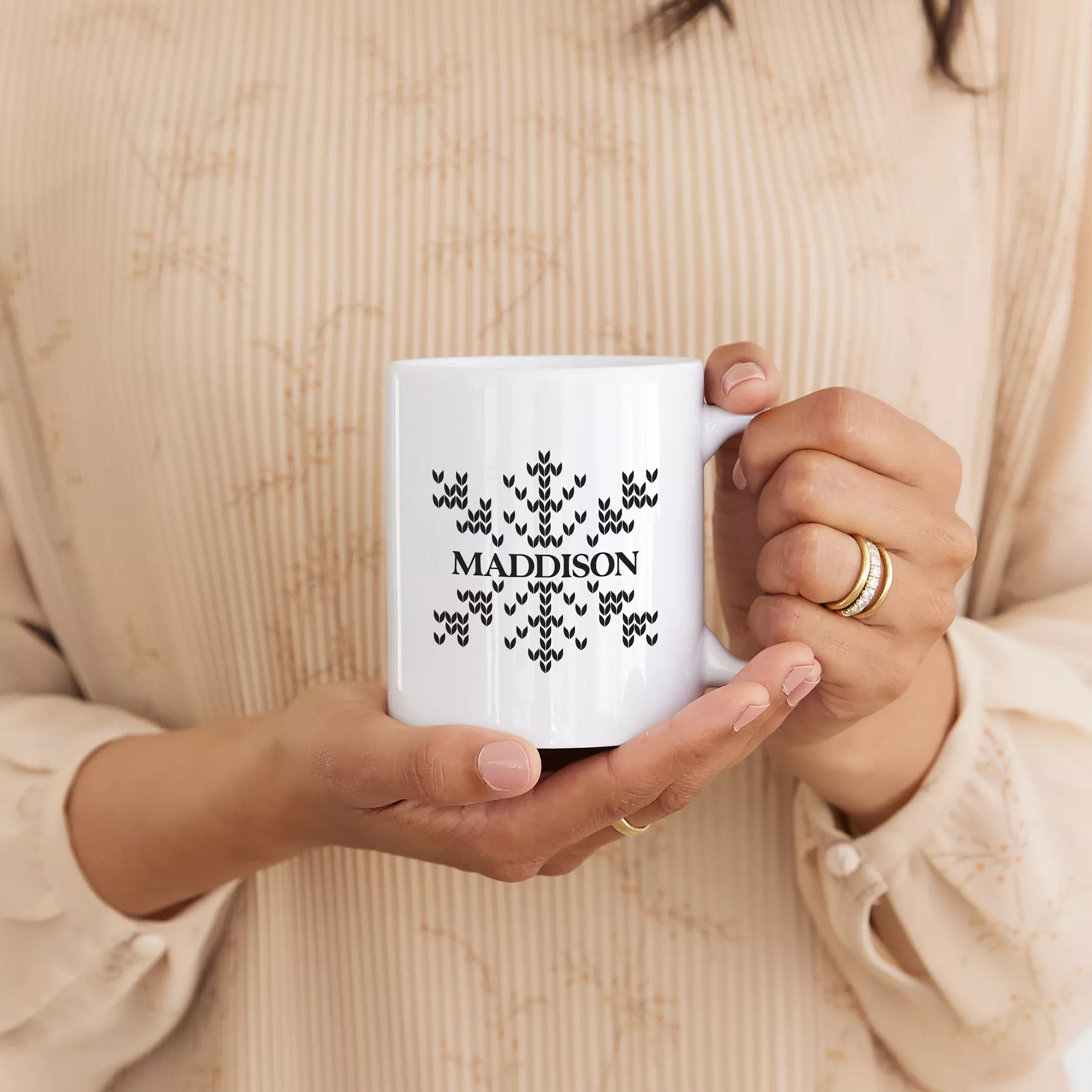 Custom Printed White 11 oz. Ceramic Coffee Mug - Knit Sweater Snowflake