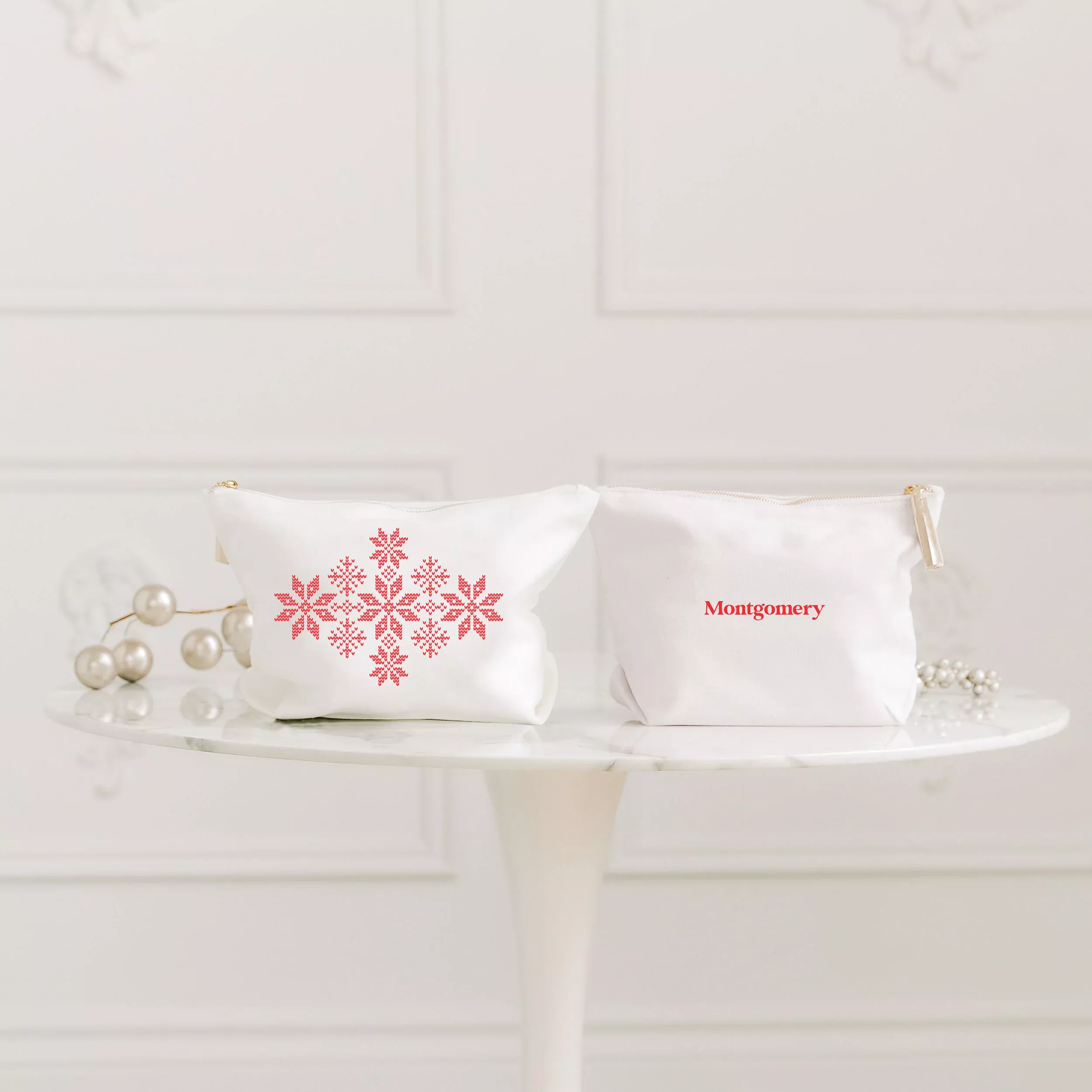 Large Personalized Canvas Makeup Bag - Knit Sweater Snowflakes