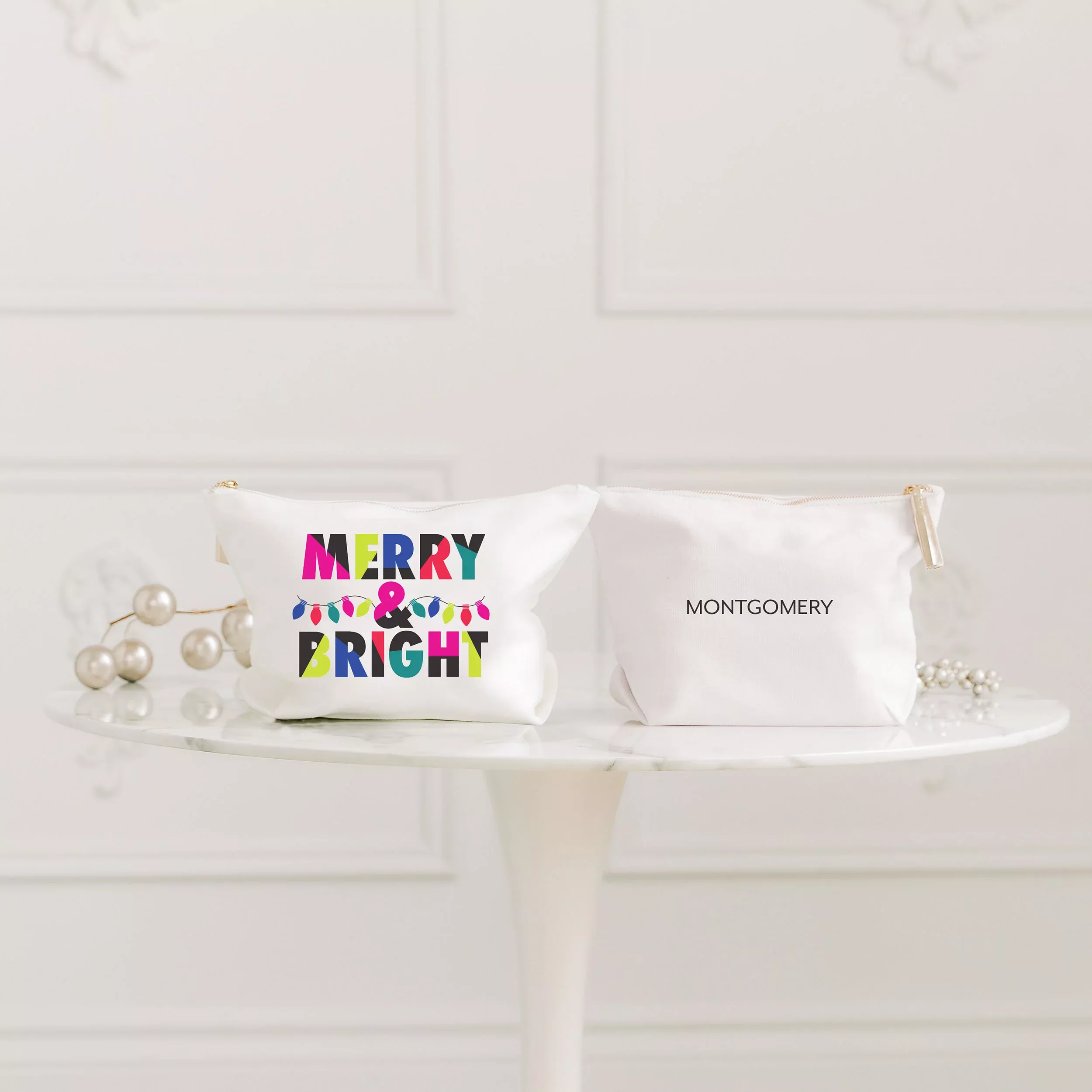 Large Personalized Canvas Makeup Bag - Merry & Bright