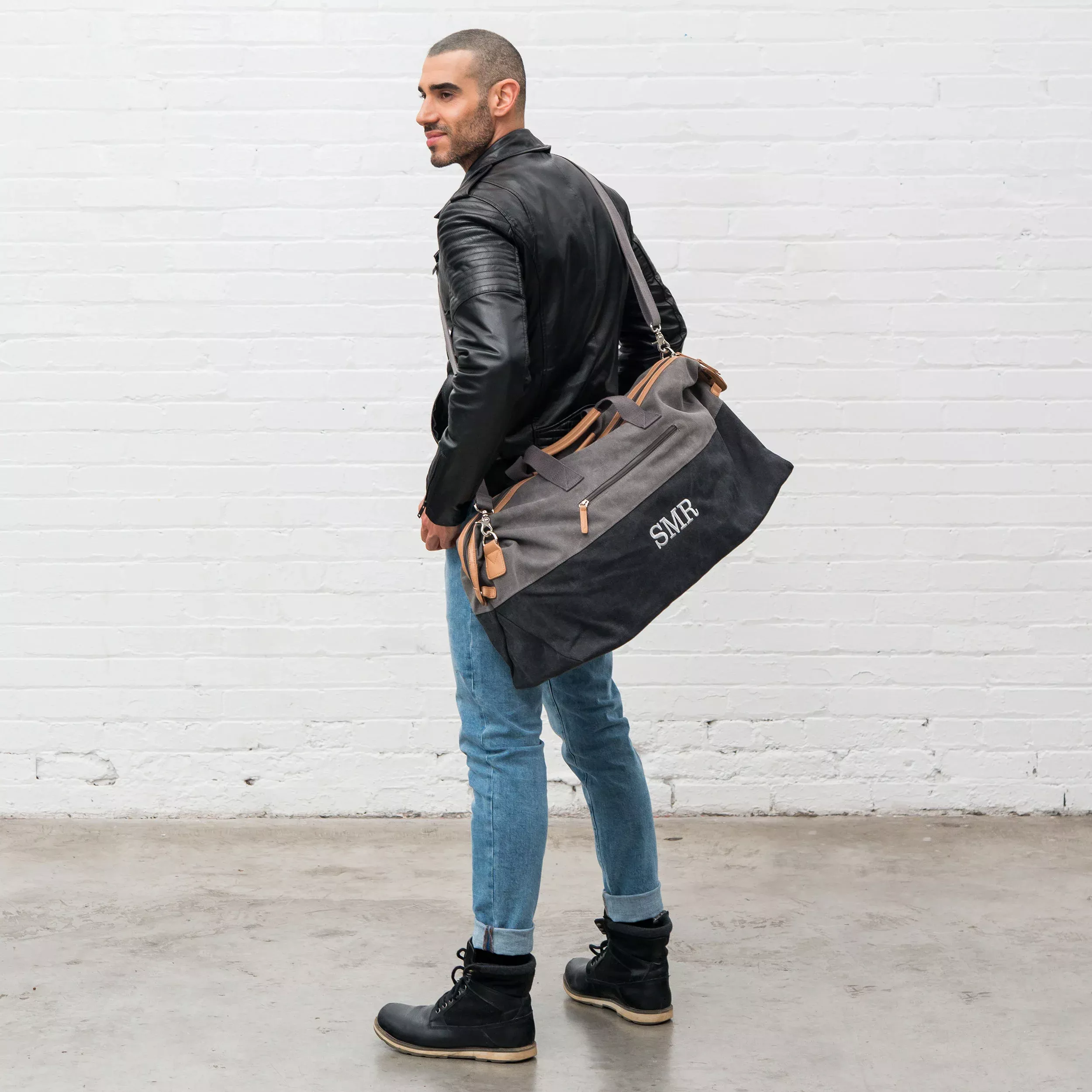 Large Personalized Canvas Travel Duffle Bag - Black & Gray