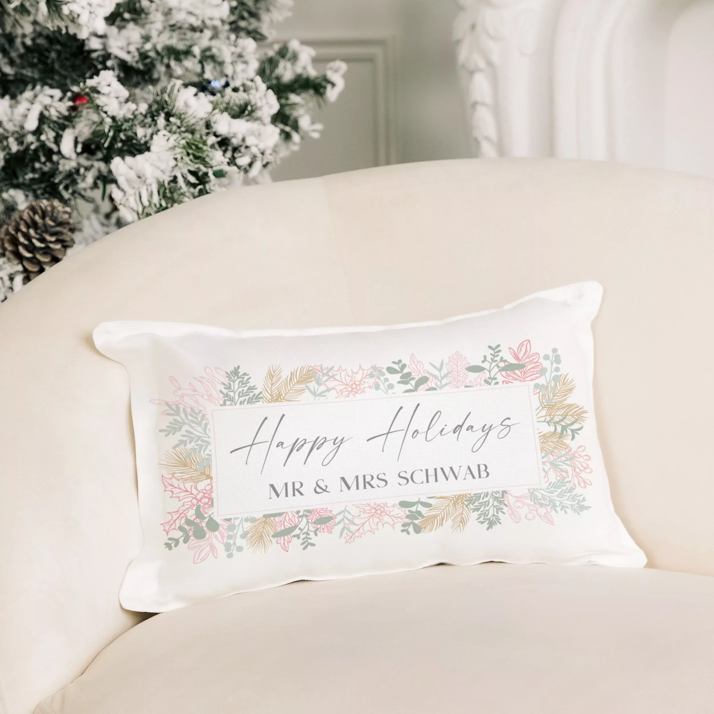 Personalized 12" x 20" Rectangle Throw Pillow Cover and Insert Set - Blush Happy Holidays
