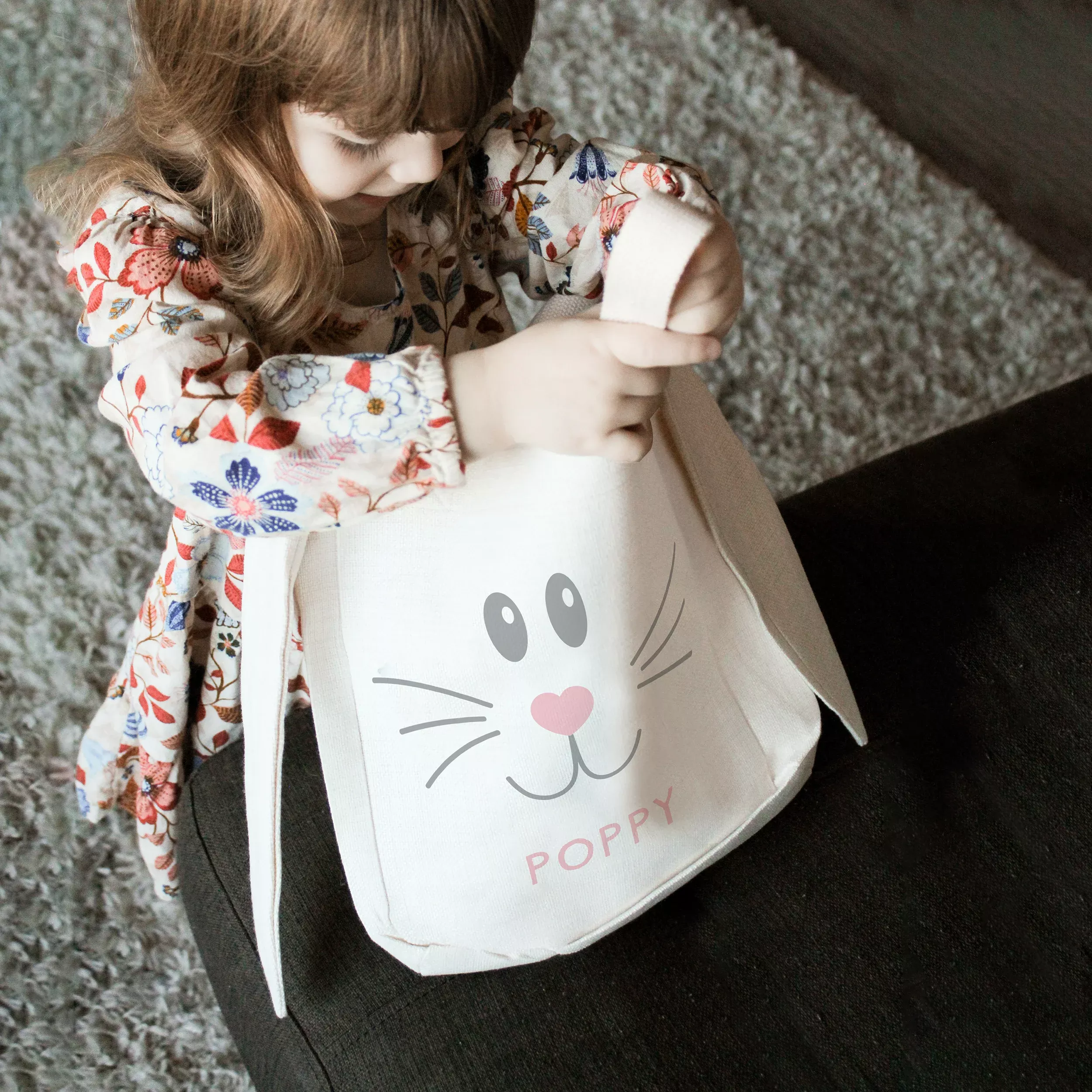 Personalized Canvas Fabric Easter Basket with Bunny Ears - Bunny Face