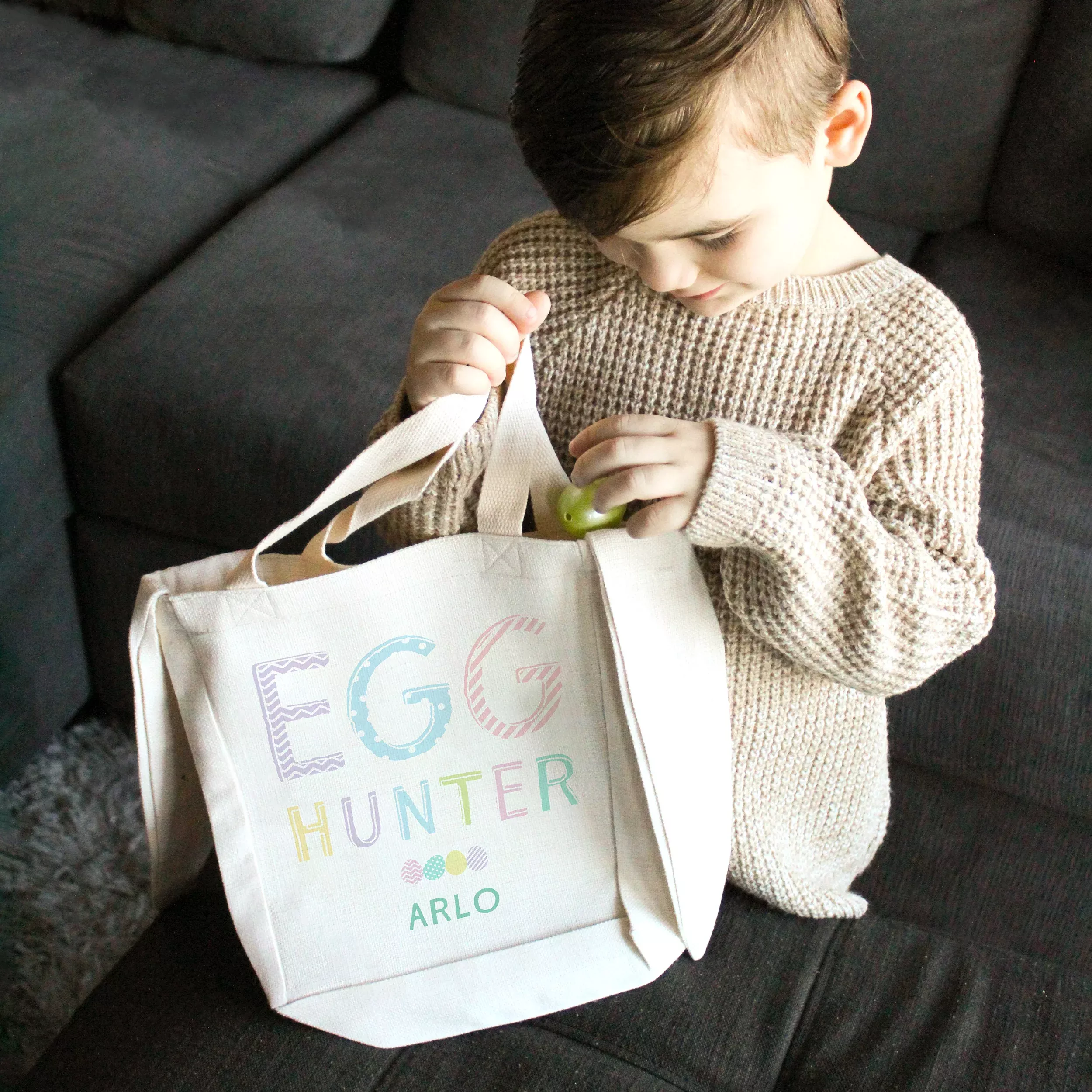 Personalized Canvas Fabric Easter Basket with Bunny Ears - Egg Hunter
