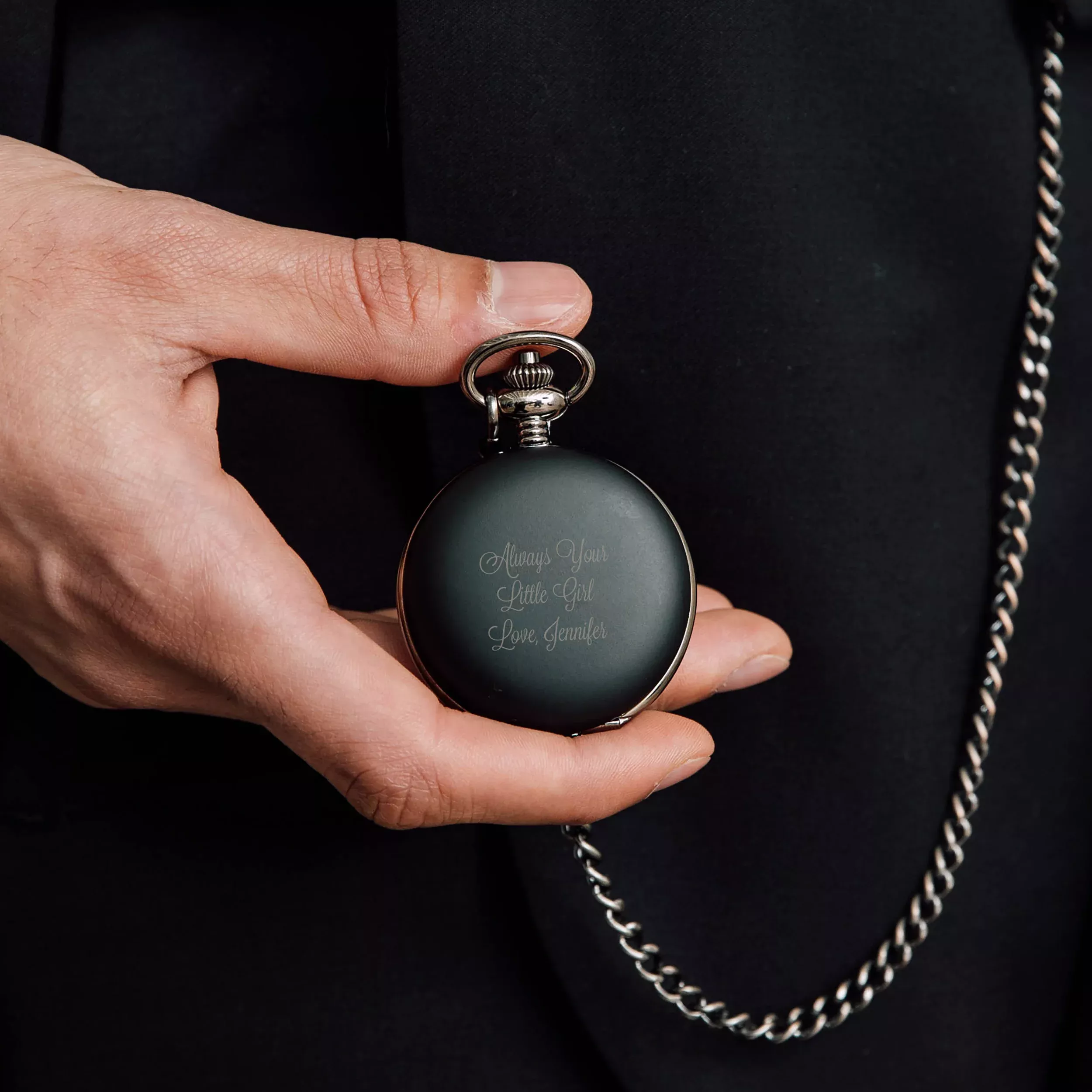 Personalized Matte Black Mechanical Pocket Watch & Fob - Custom Script Text
