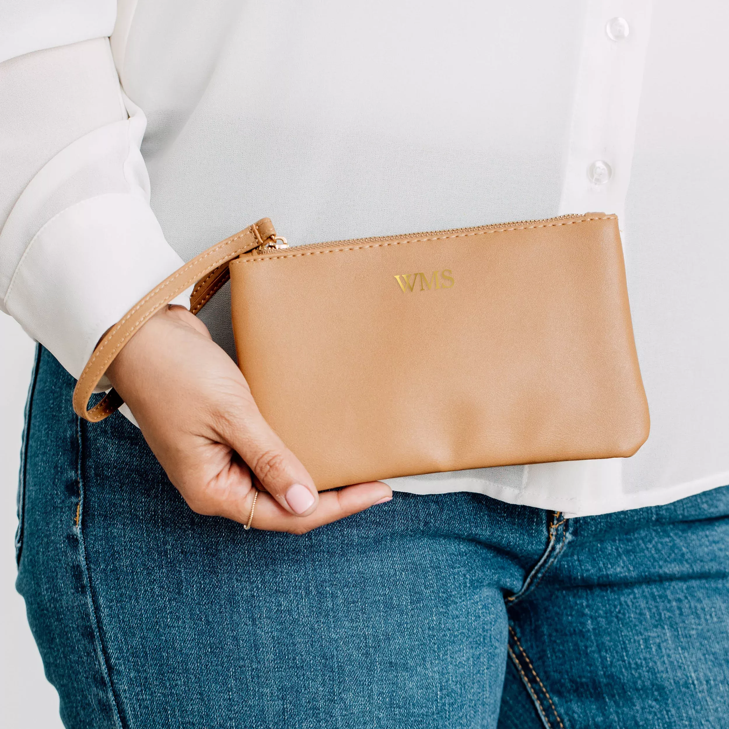 Personalized Monogram Printed Vegan Leather Wristlet - Tan