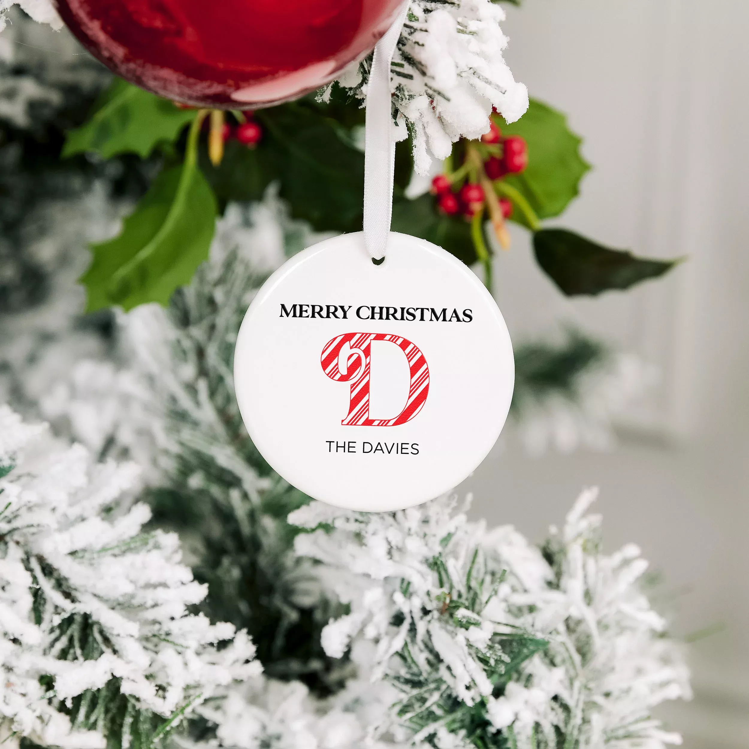Personalized Round White Ceramic Christmas Tree Ornament - Candy Cane Striped Initial