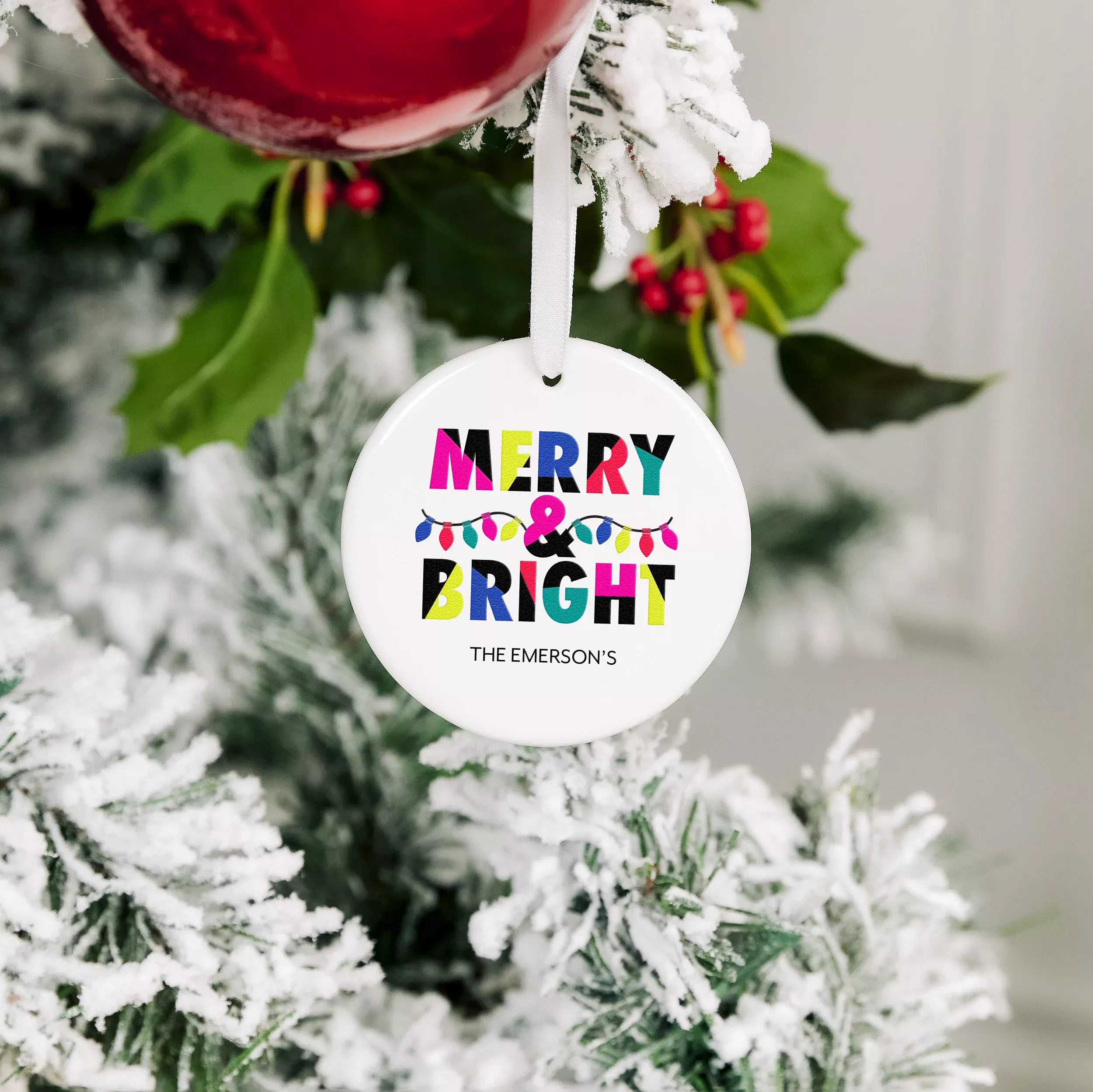 Personalized Round White Ceramic Christmas Tree Ornament - Merry & Bright