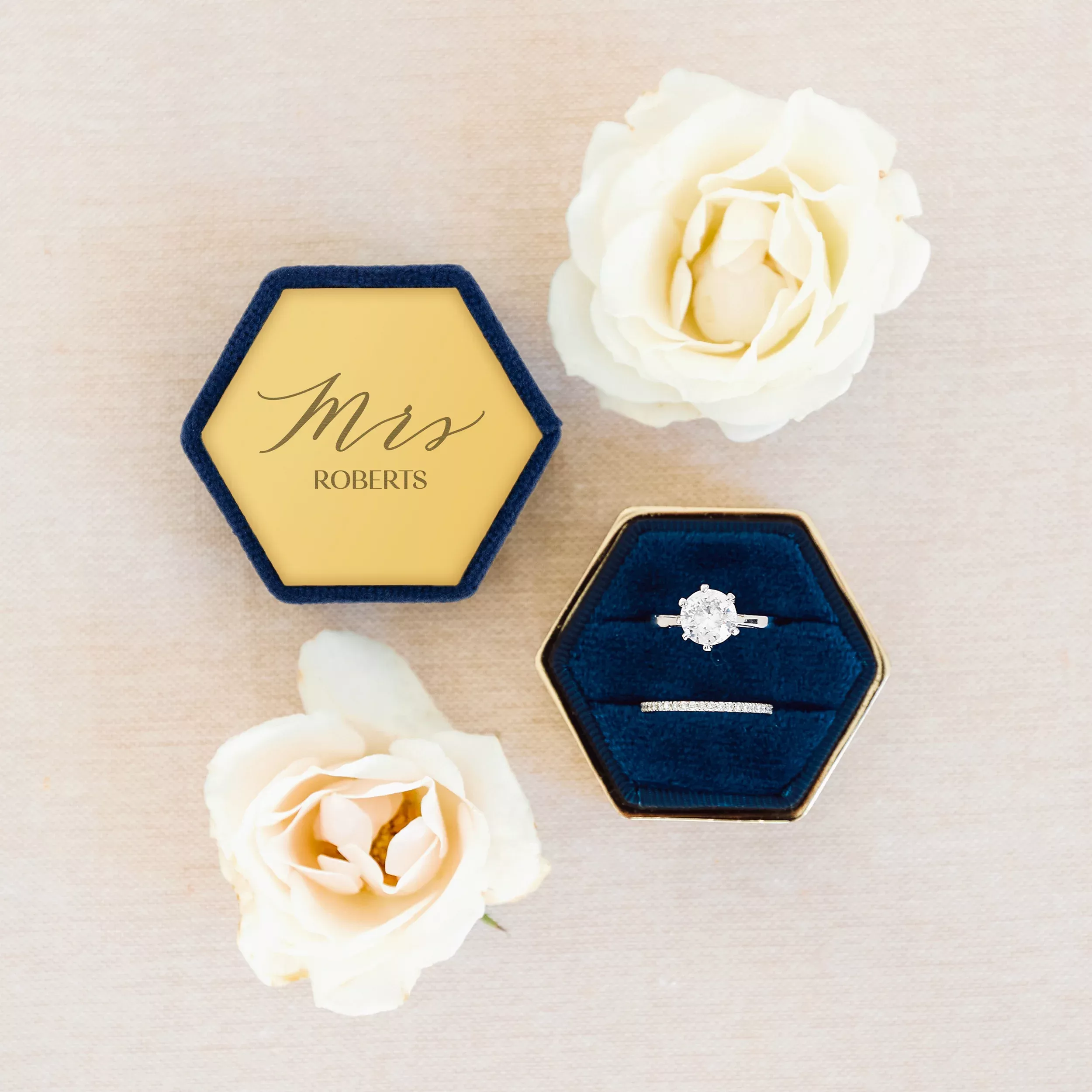 Personalized Velvet Hexagon Wedding Ring Box - Mrs